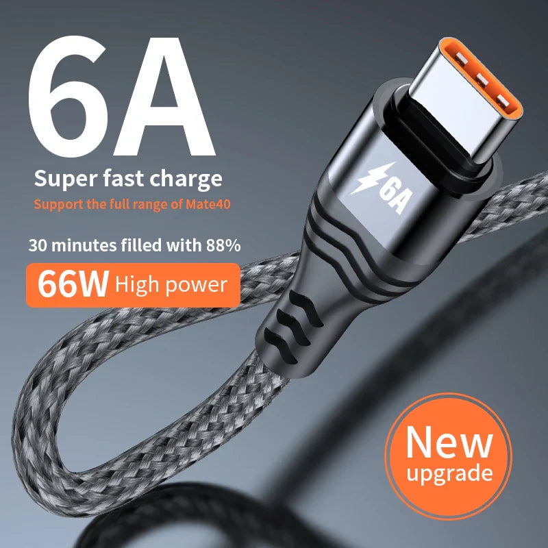 66W USB Type-C Data Cable 6A Super Fast Charging Cable Suitable for iphone 15 Huawei Oppo Xiaomi Vivo Braided Charging Cable