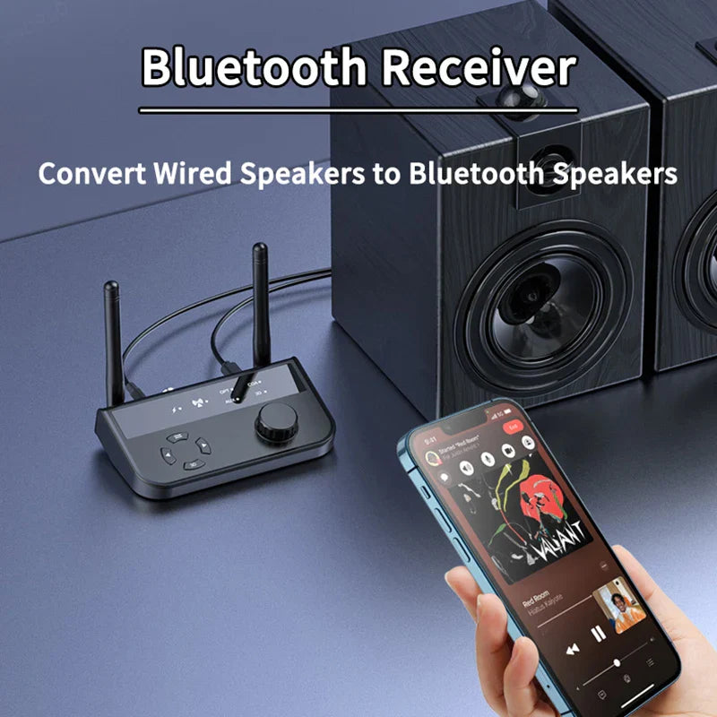 3D Stereo Bluetooth 5.3 audio receiver adapter converting wired speakers to wireless Bluetooth speakers with optical, coaxial, and AUX output
