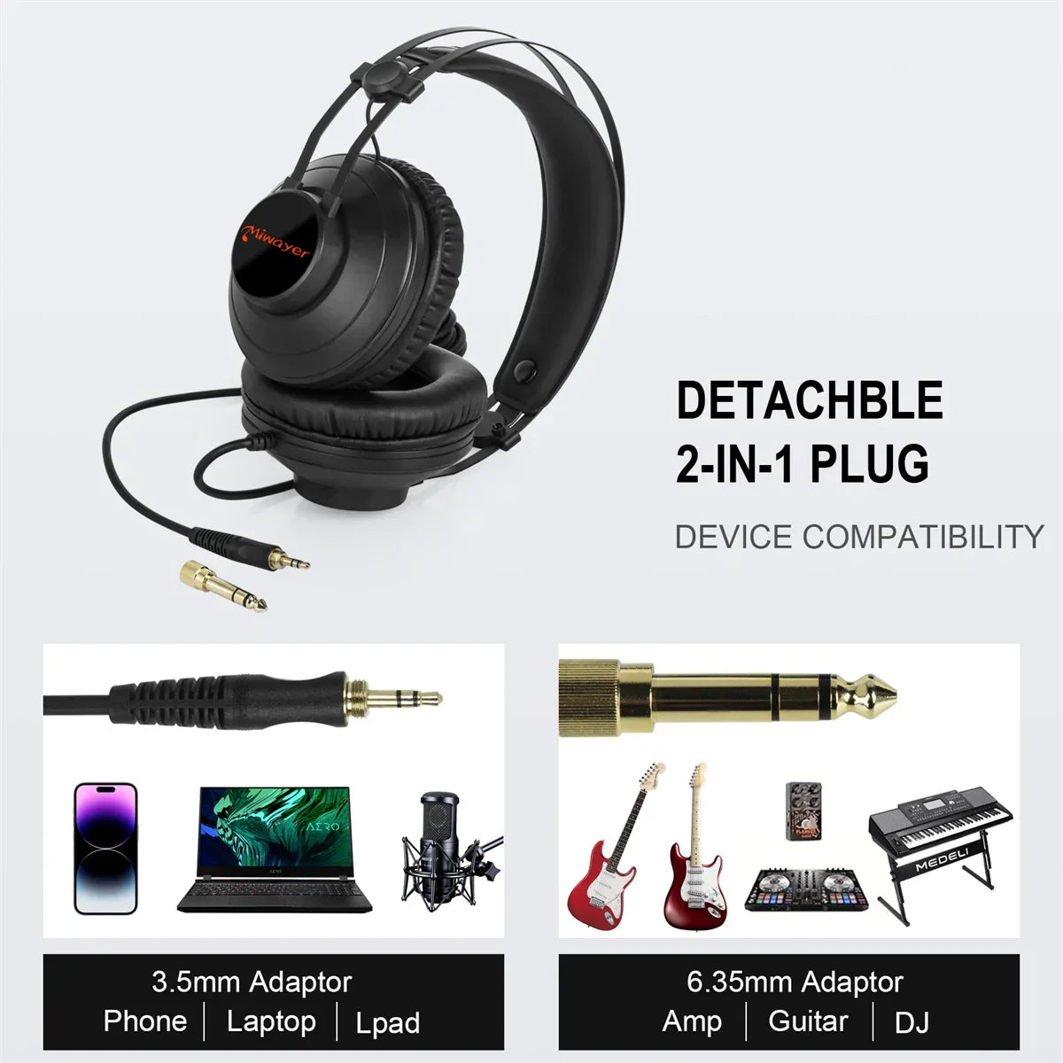 Studio Monitor Headphones Wired Over Ear with detachable 2-in-1 plug for device compatibility.