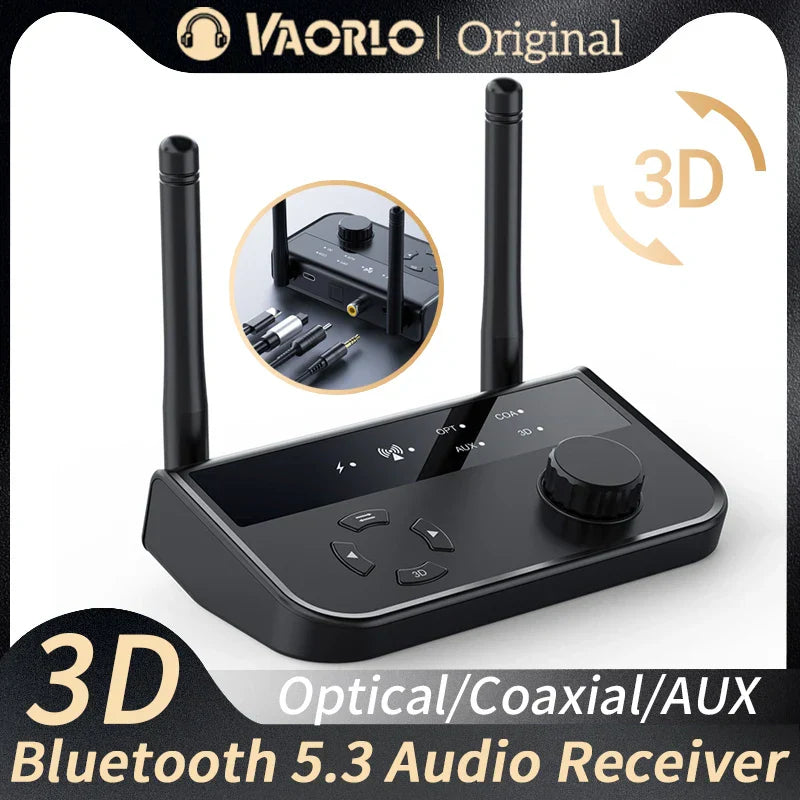 3D Stereo Bluetooth 5.3 audio receiver with dual antennas, optical, coaxial, and AUX output for wireless car and home speaker connection.
