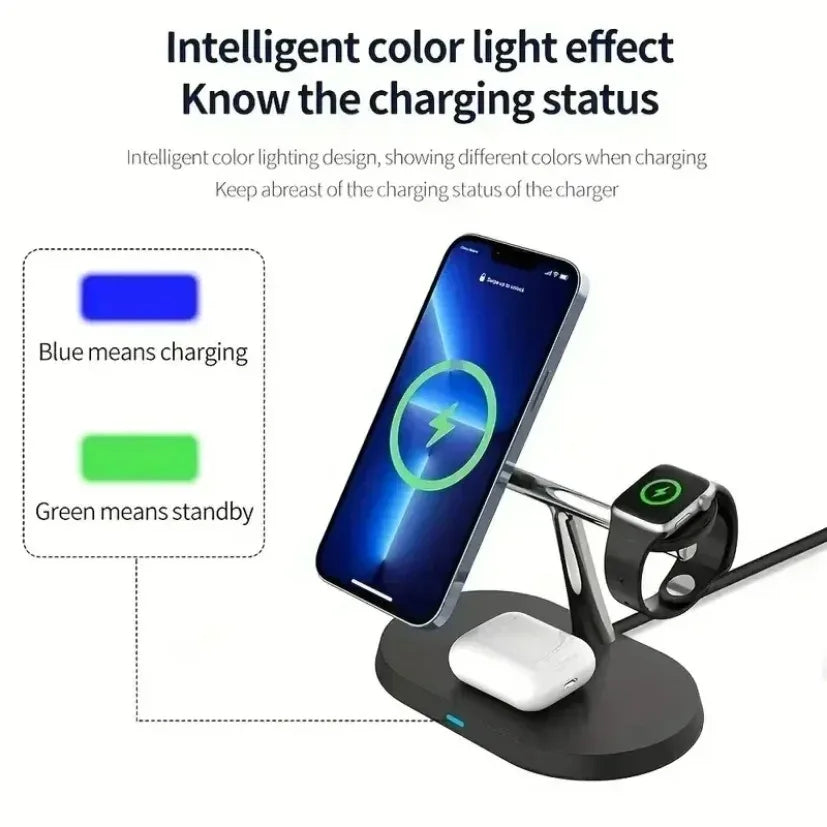 3-in-1 magnetic wireless charger stand with intelligent color light for iPhone, iWatch, and AirPods fast charging station