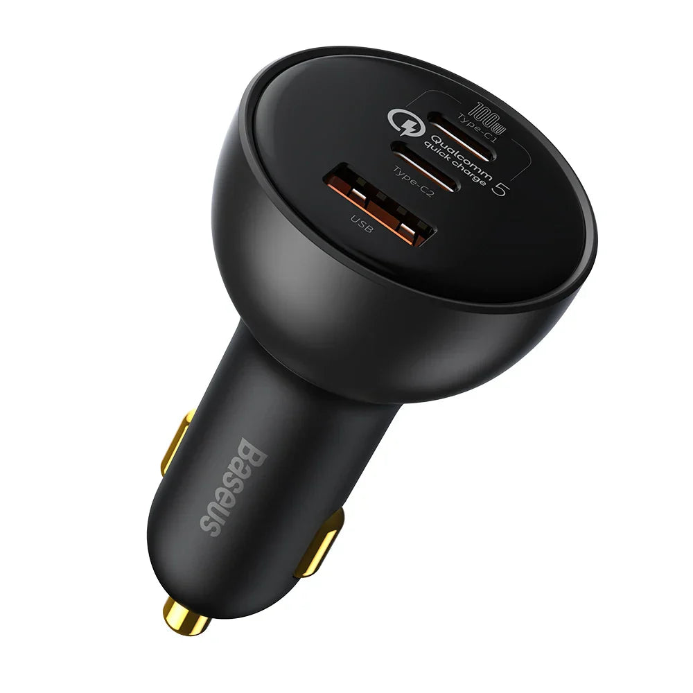 Baseus 160W car charger with Qualcomm Quick Charge 5.0, dual Type-C and USB ports, fast charging for iPhone and laptops