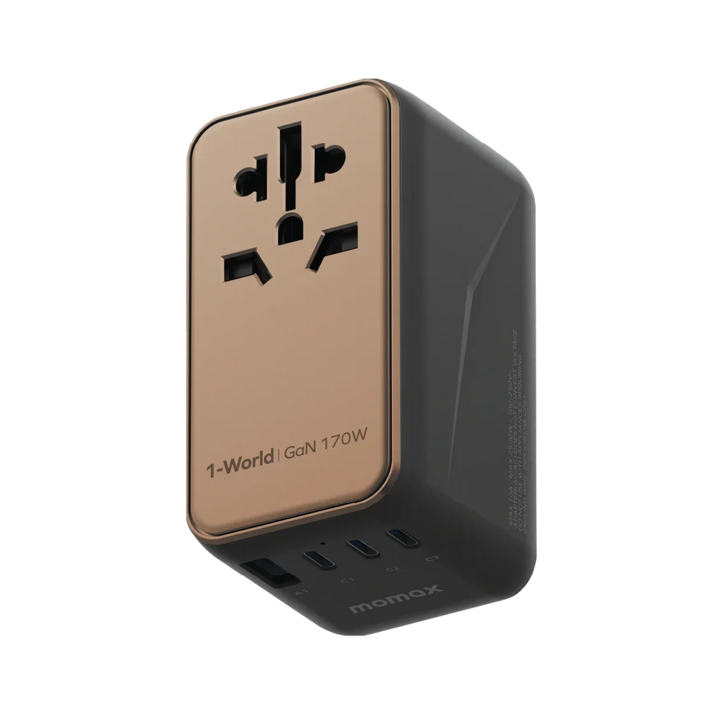 Momax Universal Power Adapter 170W GaN fast charger with multiple USB ports and global plug compatibility for laptops and tablets