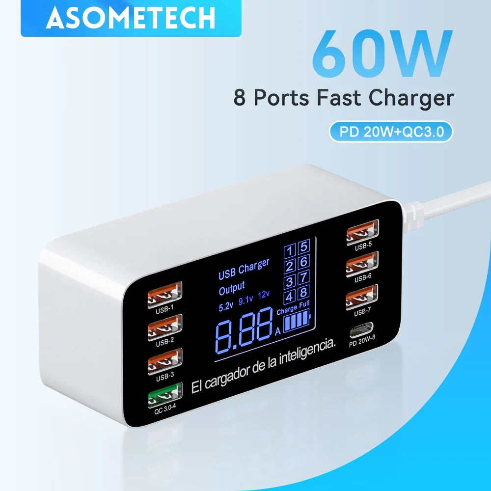 ASOMETECH 60W Quick Charge 8-port USB fast charger with LCD display for phones and tablets