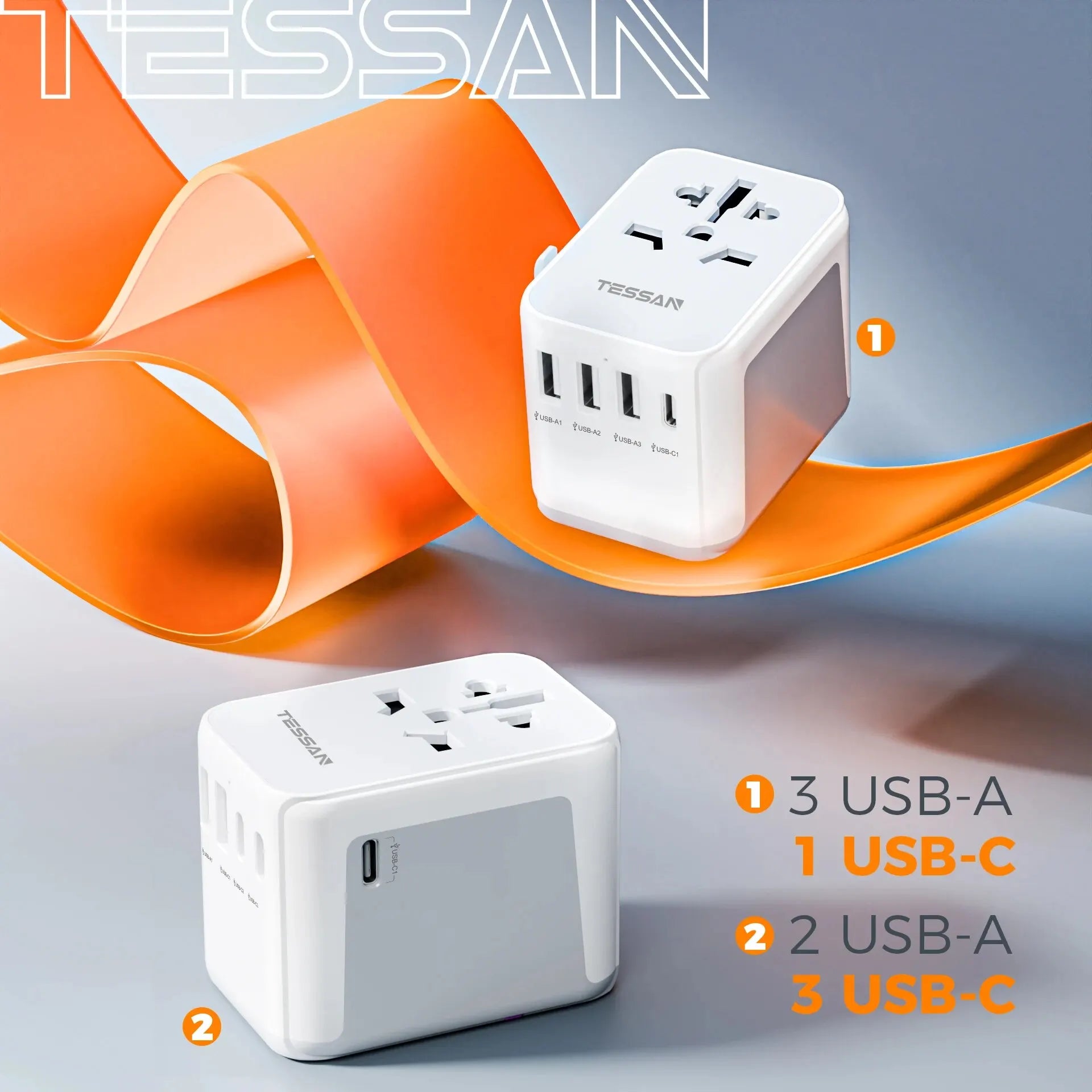 TESSAN Universal Travel Adapter with multiple USB-A and USB-C ports, compact international plug for worldwide use.