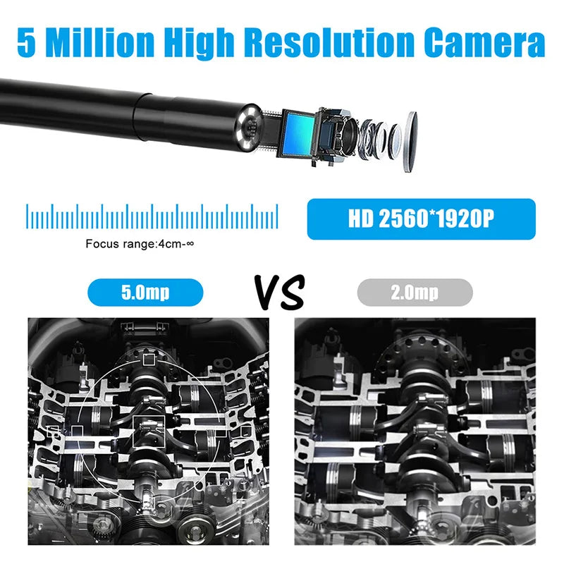 Wireless endoscope with 5MP high resolution camera for automotive inspection, IP67 waterproof, flexible semi-rigid cable, compatible with Android and iOS devices