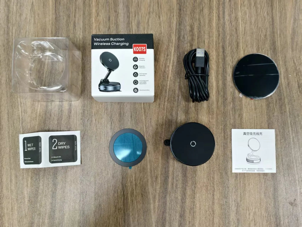 Complete set of 360° magnetic car phone holder and charger for iPhone 12-16. Includes charging base, cable, wipes, and user manual.