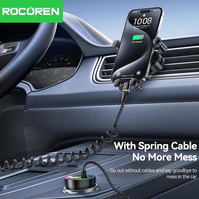 Rocoren 70W USB Type C Car Charger With Spring Cable Fast Charging Type-C USBC Car Quick Charger Adapter For iPhone 16 15 Xiaomi