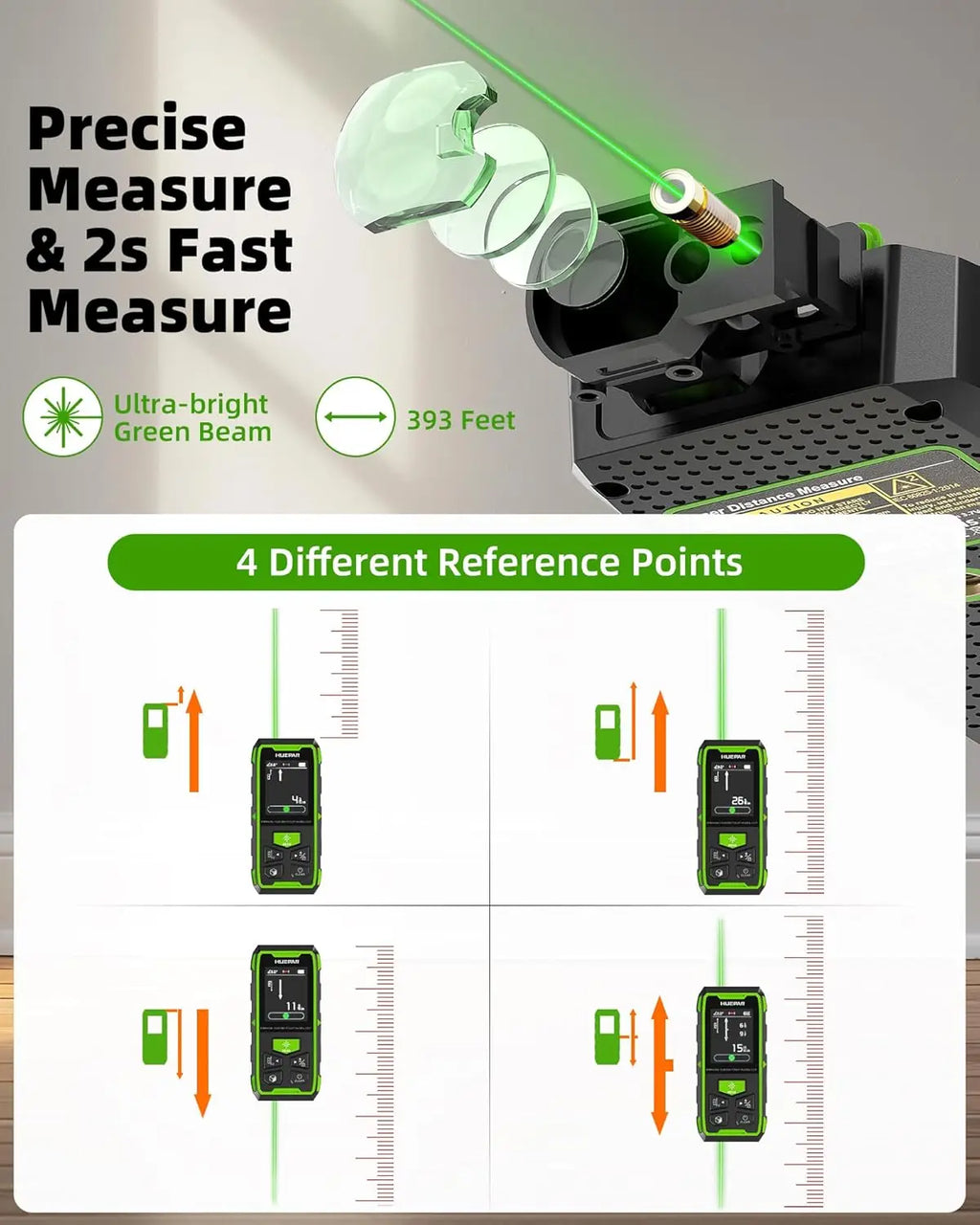 Huepar Dual Laser Measuring Tool - 393Ft Green-Beam Bilateral Digital Laser Distance Measure with Backlit LCD Display