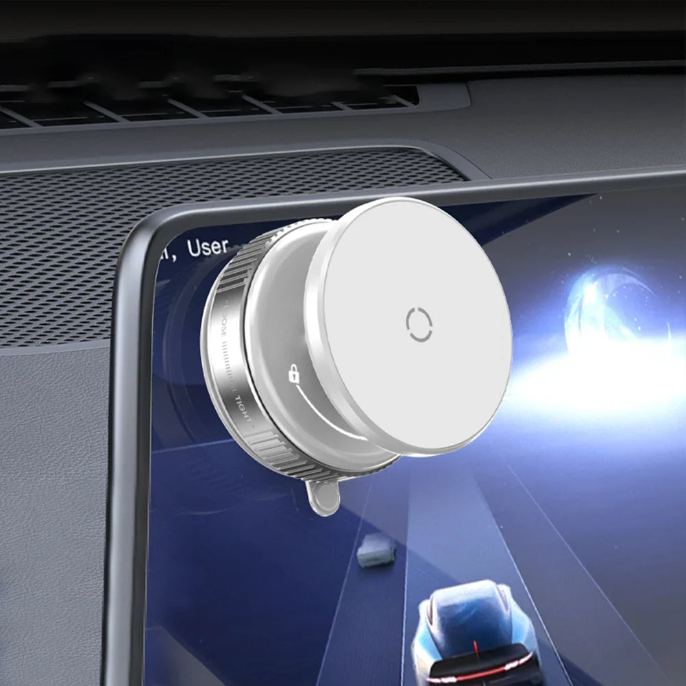 White Magsafe Car Phone Holder mounted on a car screen, featuring vacuum suction and magnetic grip for secure placement.
