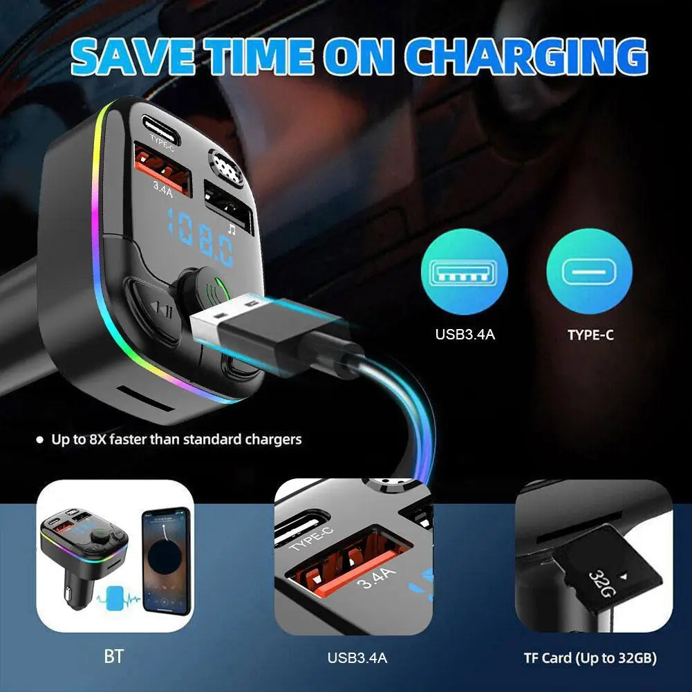 Bluetooth 5.0 Car FM Transmitter with USB & Type-C Charger supports fast charging, TF card, and Bluetooth playback for efficient in-car use.
