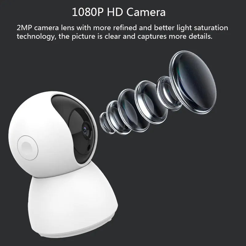 Tuya Smart WiFi Camera features a 1080P HD lens with enhanced light saturation for clear indoor surveillance and detailed image capture.