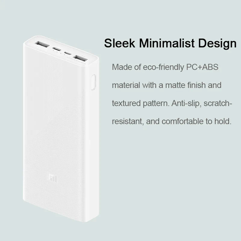 XIAOMI Power Bank 3 with 20000mAh capacity, USB-C 18W fast charge, sleek white minimalist design with matte finish and textured pattern.