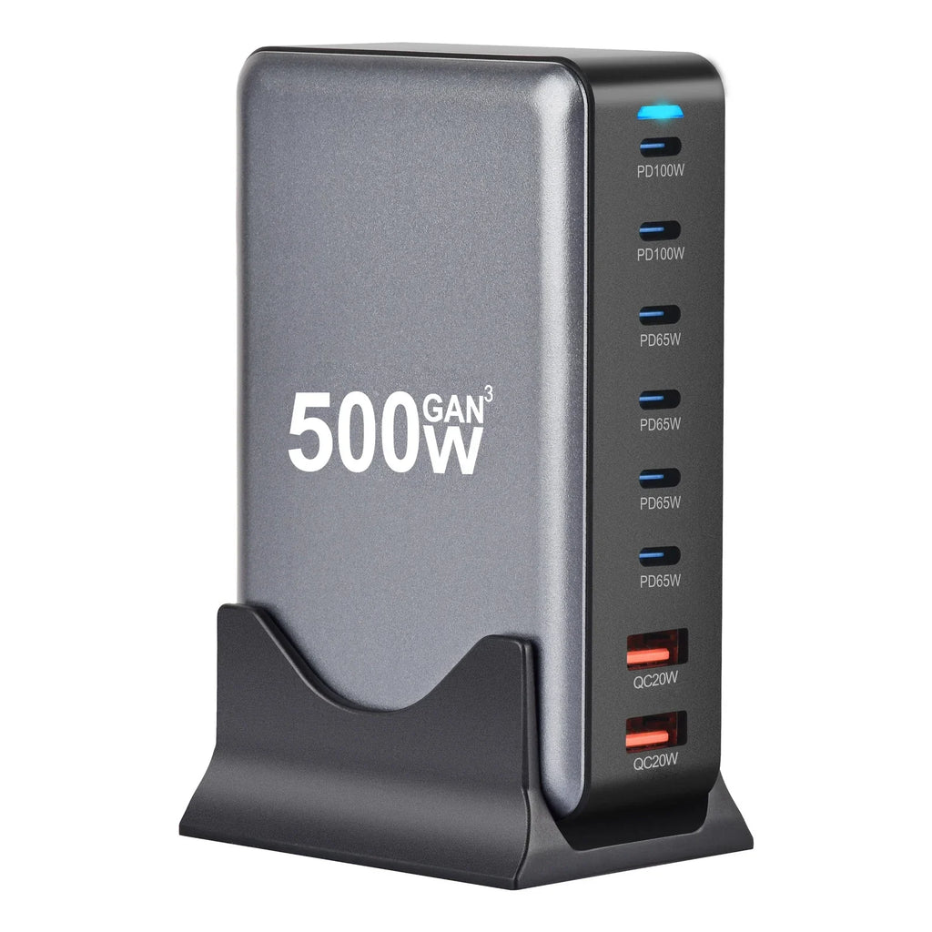 500W GaN multi-port desktop PD charger with 8 USB Type-C and USB-A ports for fast charging multiple devices