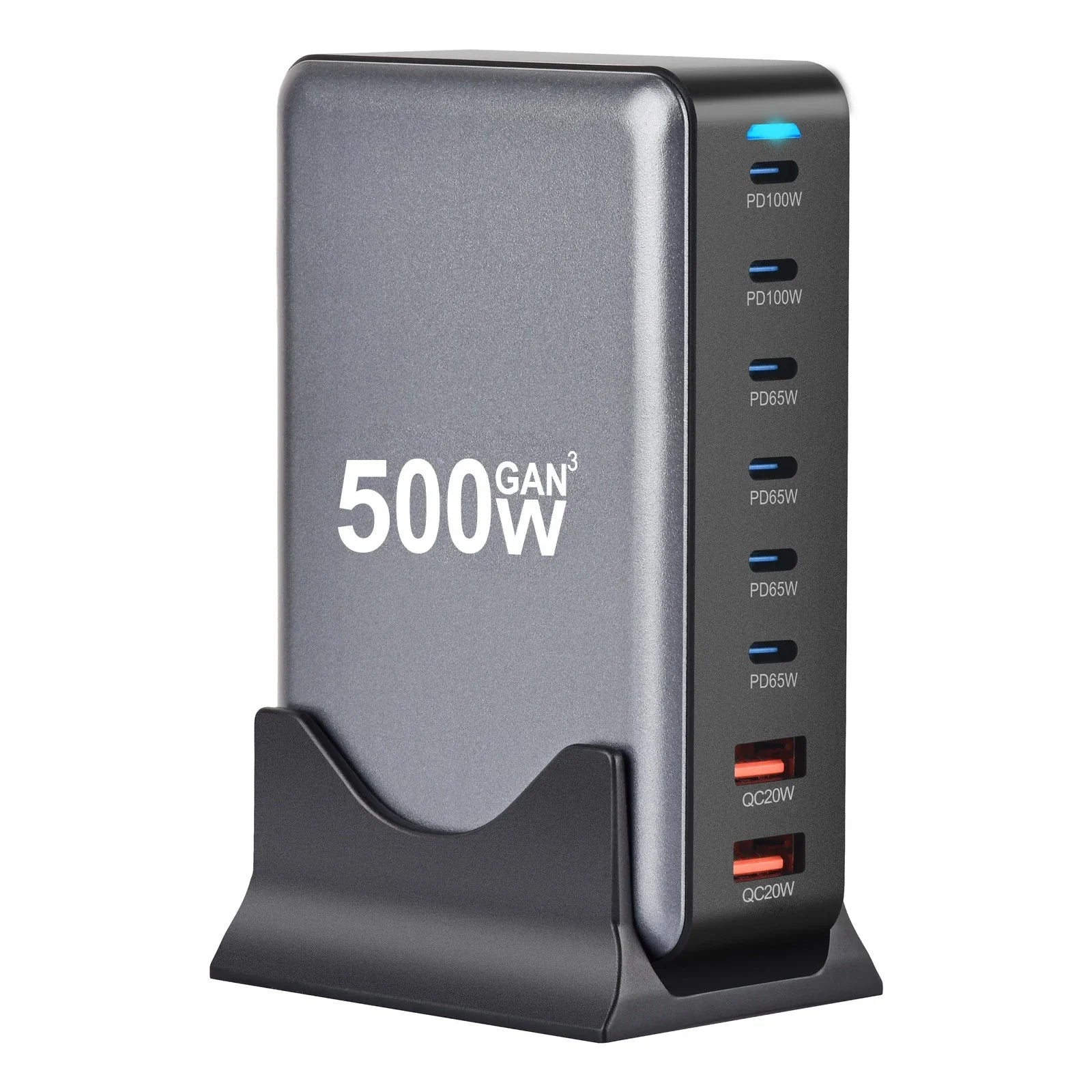 500W GaN multi-port desktop PD charger with 8 USB Type-C and USB-A ports for fast charging multiple devices