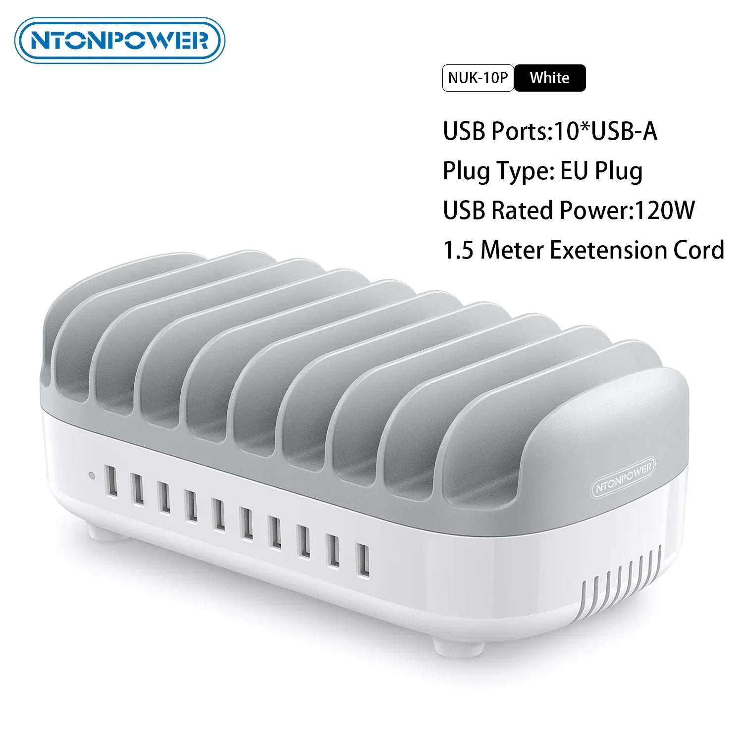 120W fast charging station with 10 USB-A ports, EU plug, tablet organizer, and cooling fan in white