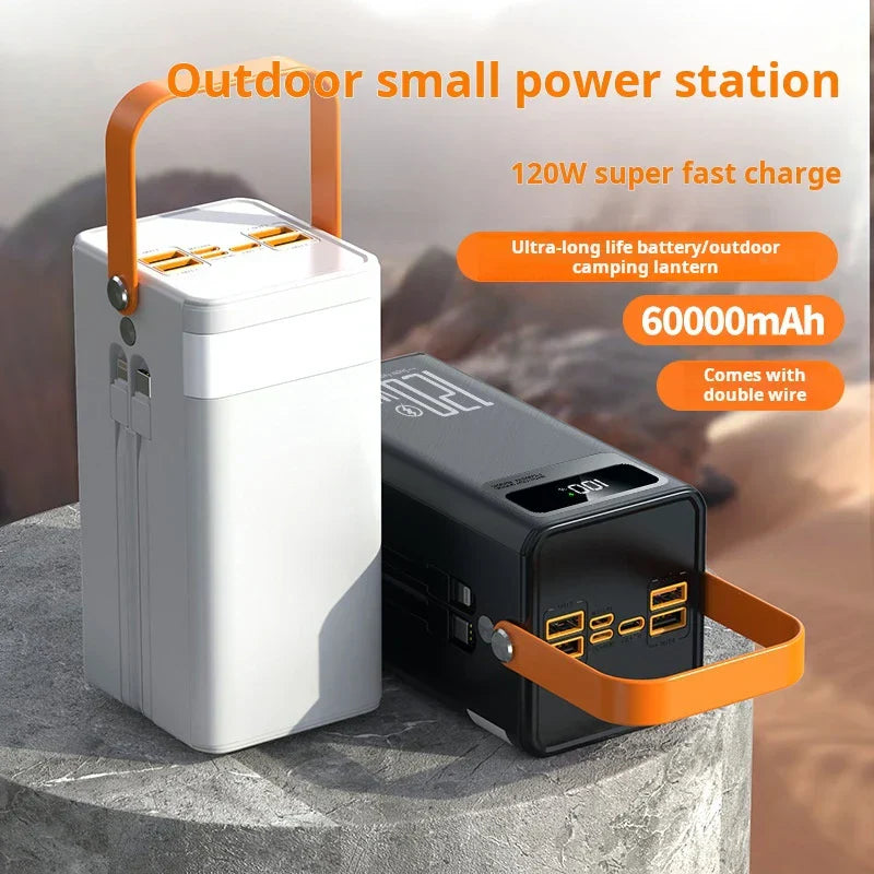 60000mAh portable power bank with 120W fast charging and outdoor camping lantern feature in black and white colors