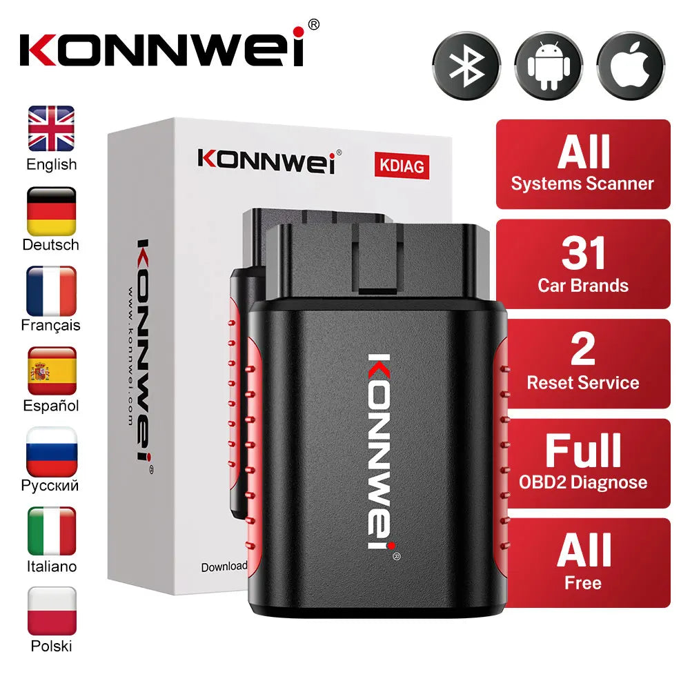 KONNWEI KDIAG Bluetooth car diagnostic tool with full system scan, oil reset, battery match, supports 31 car brands, lifetime free updates, compatible with Android and iOS