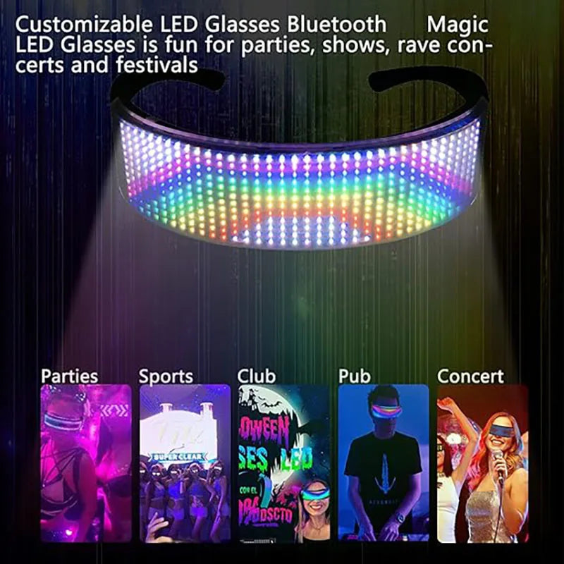 Customizable Bluetooth LED Glasses Party Wear with rainbow RGB display, perfect for parties, sports, clubs, pubs, and concerts.