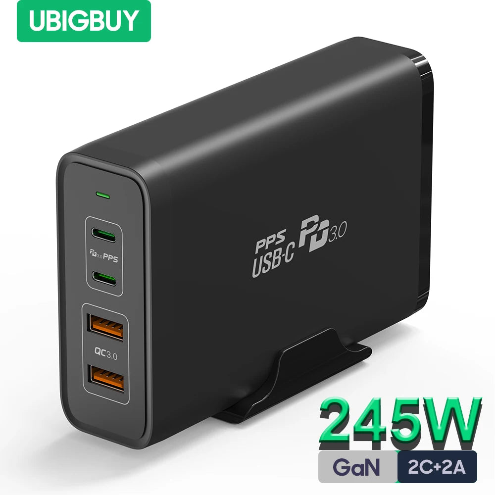 Ubigbuy 245W USB C Charger, Laptop GaN Power Adapter 4 Ports Desktop Fast Charging Station for MacBook Pro,iPhone 15 14,Galaxy
