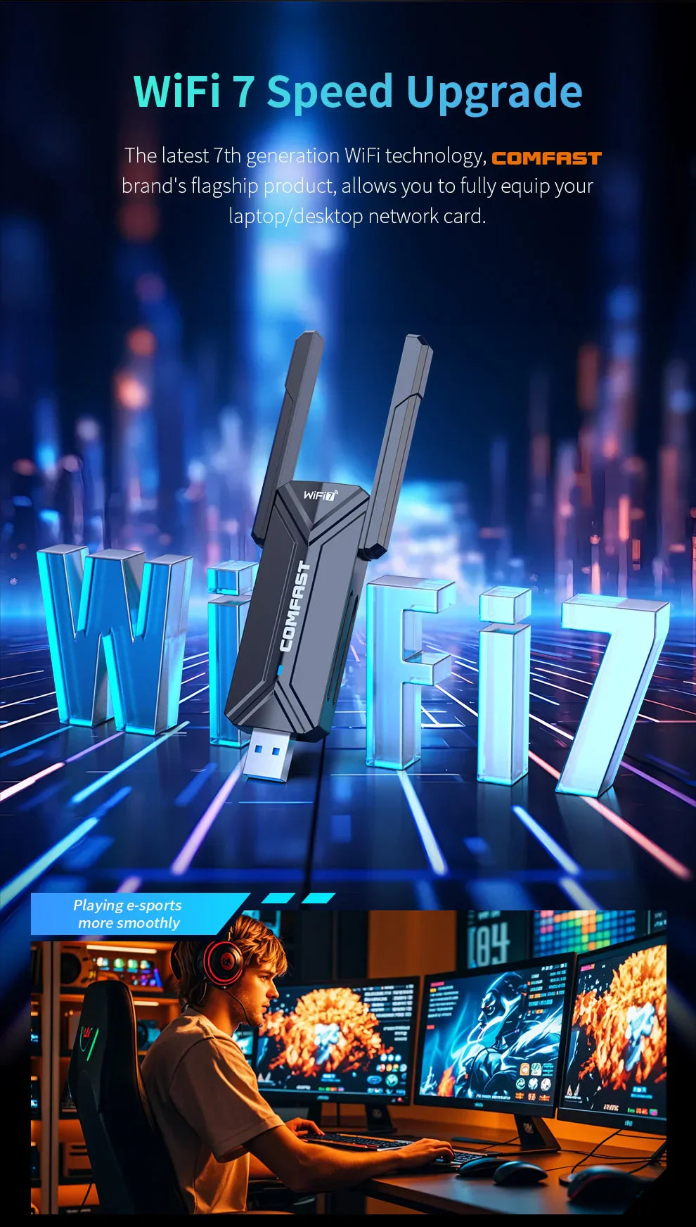 COMFAST WiFi 7 USB Adapter BE6500 tri-band 6500Mbps wireless network card with dual antennas and USB 3.0 for Windows 10/11