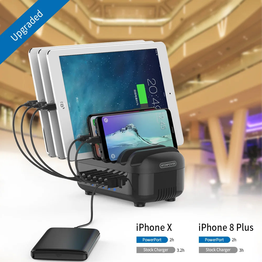 70W Fast Charging Station USB-C Hub 7 Ports iPad Organizer with Cooling Fan US Plug Multiple Device Charger for Office/Family