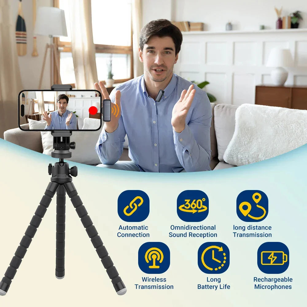 Wireless stereo lavalier microphone with tripod and smartphone for live recording and interviews