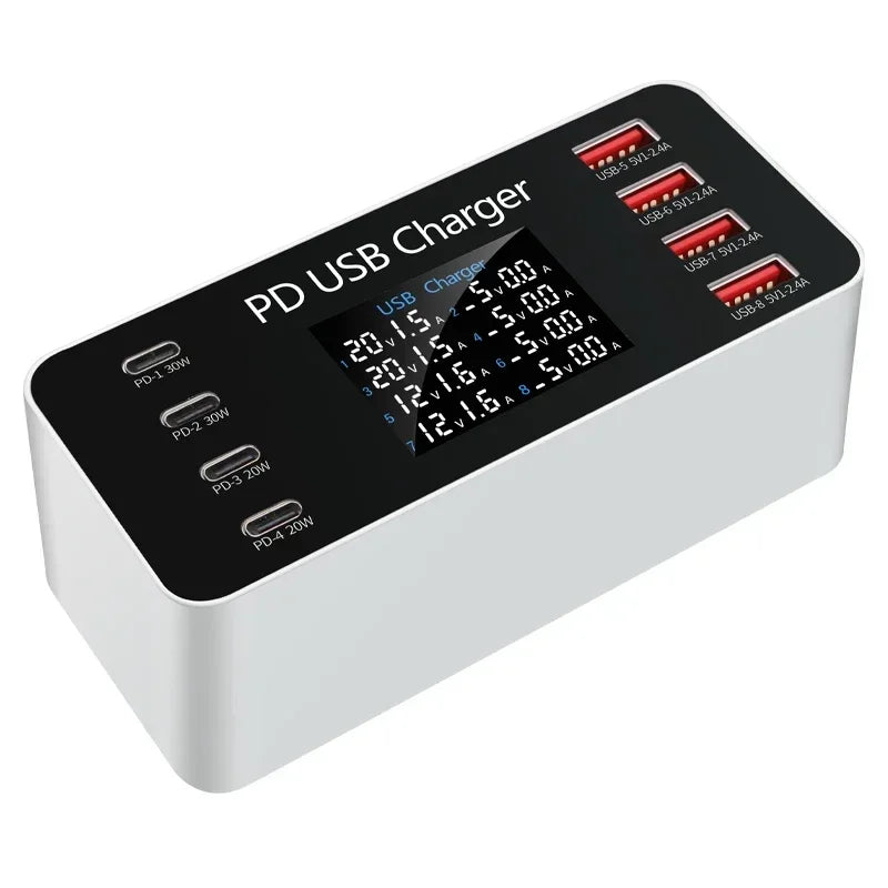 A9 65W 8-Port USB PD Charger 4USB-A+4USB-C PD Fast Charging Desktop Charging Station EU Plug US Plug with 1.2M Long AC Cable