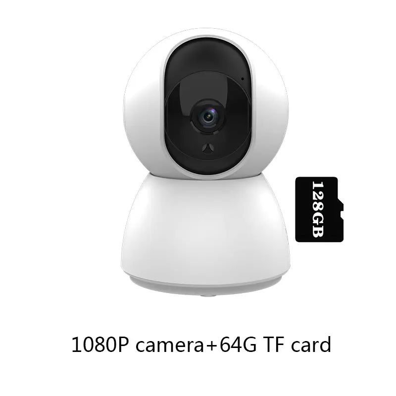 Tuya 1080P Smart WiFi Camera with 64GB TF card included for local storage, ideal for indoor surveillance and motion detection.