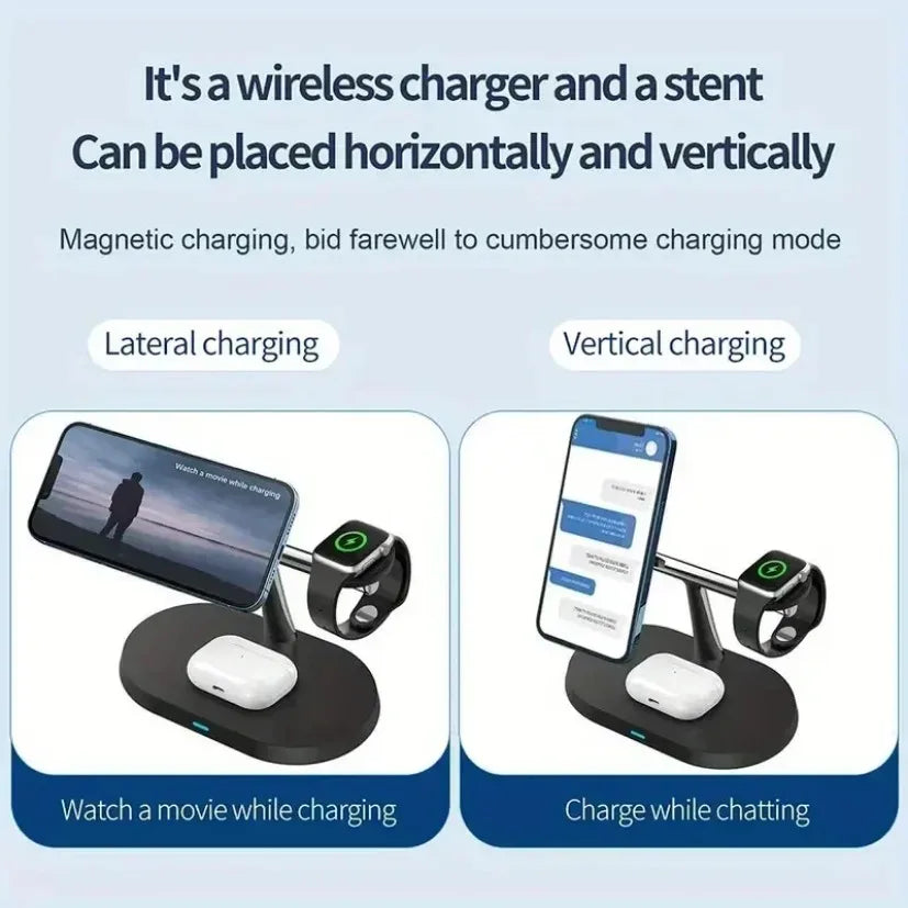 3-in-1 magnetic wireless charger stand for iPhone, iWatch, and AirPods with horizontal and vertical charging options