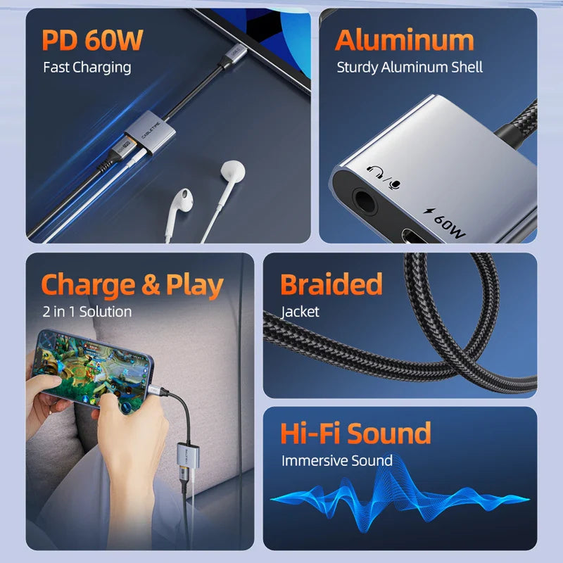 CABLETIME USB C to 3.5mm Audio hub Adapter USB C Headphone Charger 2-in-1 PD 60W Fast Charger Adapter Hi-Fi for IPhone Xiaomi