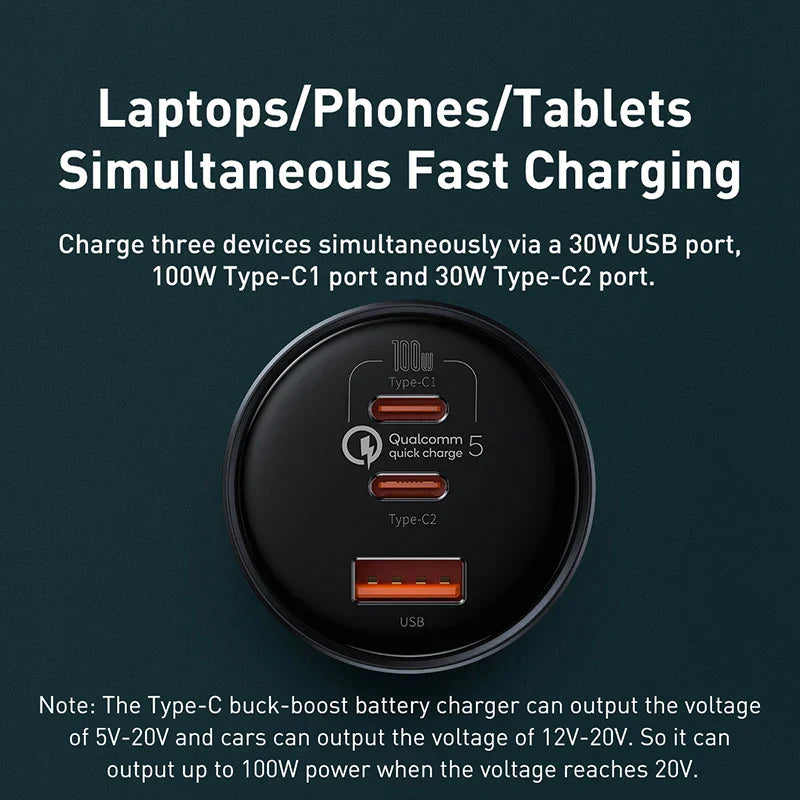 Baseus 160W car charger with dual USB Type-C and USB ports for fast charging laptops, phones, and tablets simultaneously