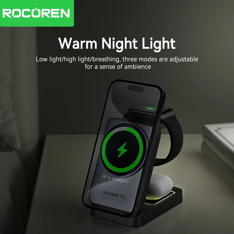 Rocoren Folding 3 in 1 Wireless Charging Stand Portable Magnetic Fast charging Station Dock For iPhone 15 14 13 Watch Headphones