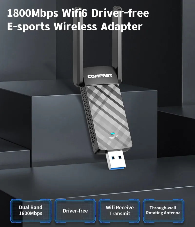 Comfast BE6500 WiFi 6 USB adapter dual band 1800Mbps driver-free wireless network card with through-wall rotating antenna for PC and laptop Windows 10/11