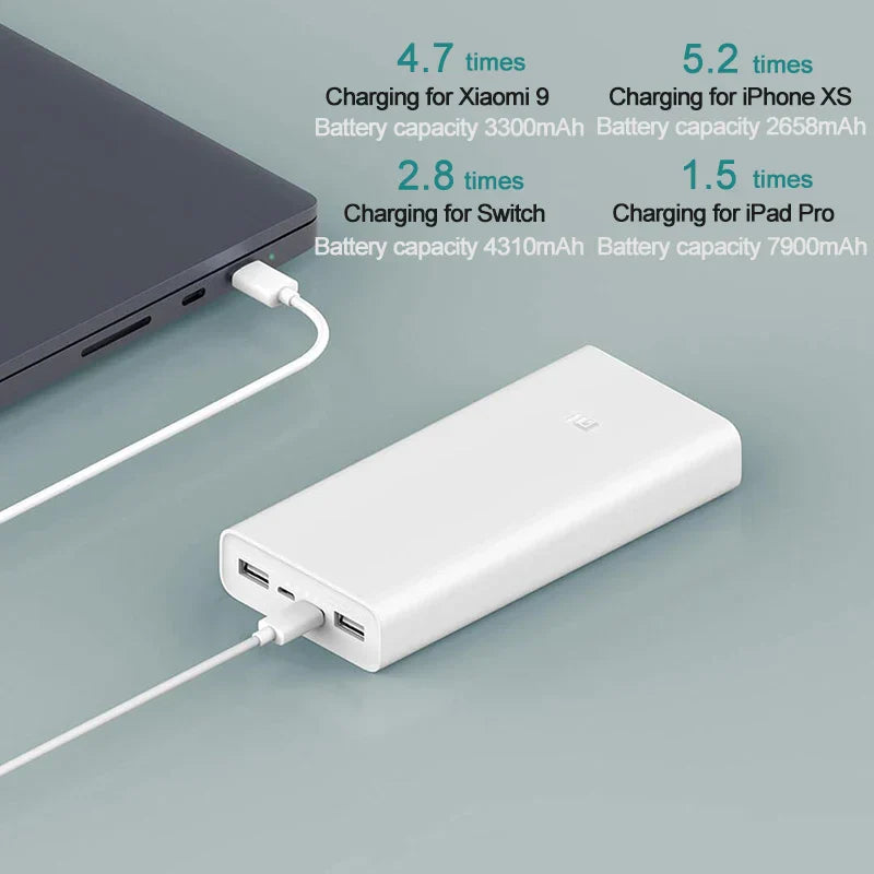 XIAOMI Power Bank 3 20000mAh USB-C fast charger with triple output charging multiple devices including iPhone and Switch