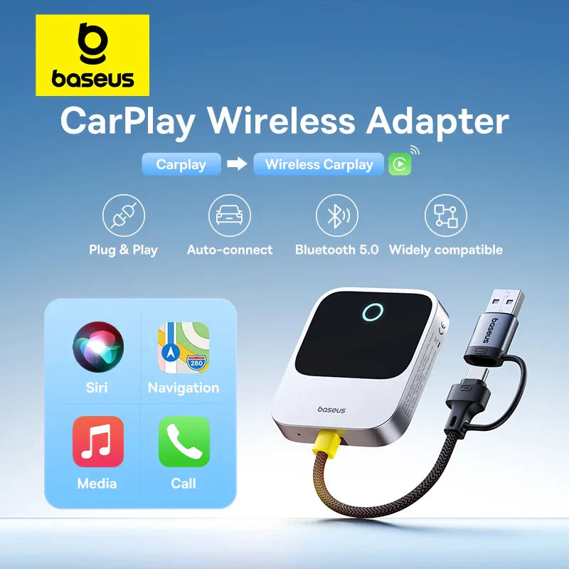 Baseus wireless CarPlay adapter with Bluetooth 5.0, plug & play, auto-connect, and smart voice control in space grey color