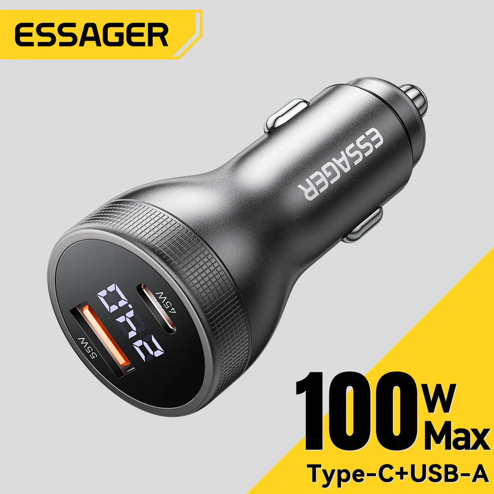 Essager 100W USB C car charger with PD3.0 fast charging and digital display for iPhone, MacBook, Xiaomi laptops
