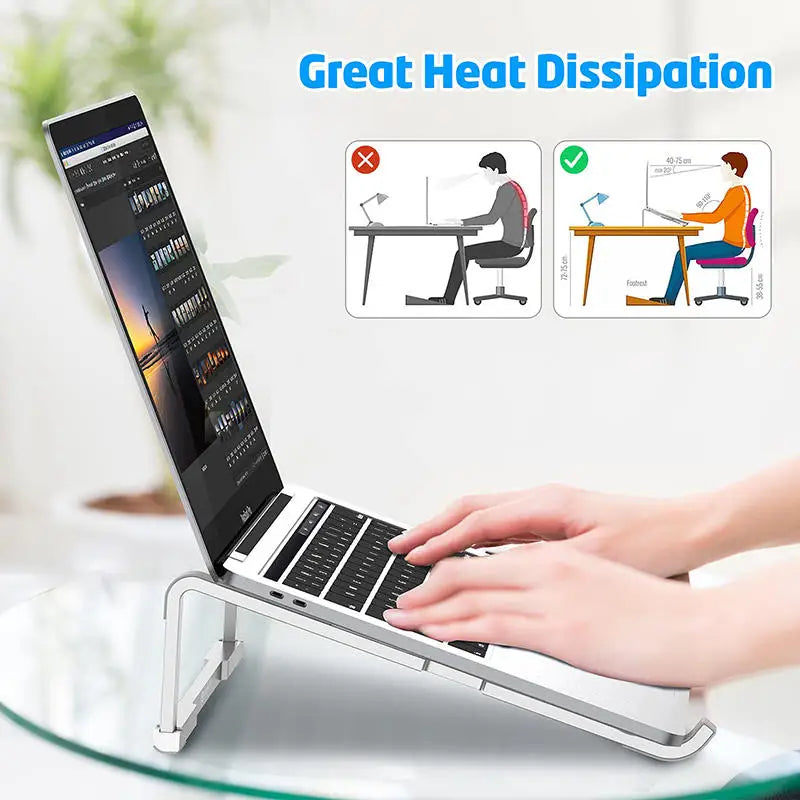Foldable aluminum alloy laptop stand with ergonomic design for heat dissipation and comfortable typing.