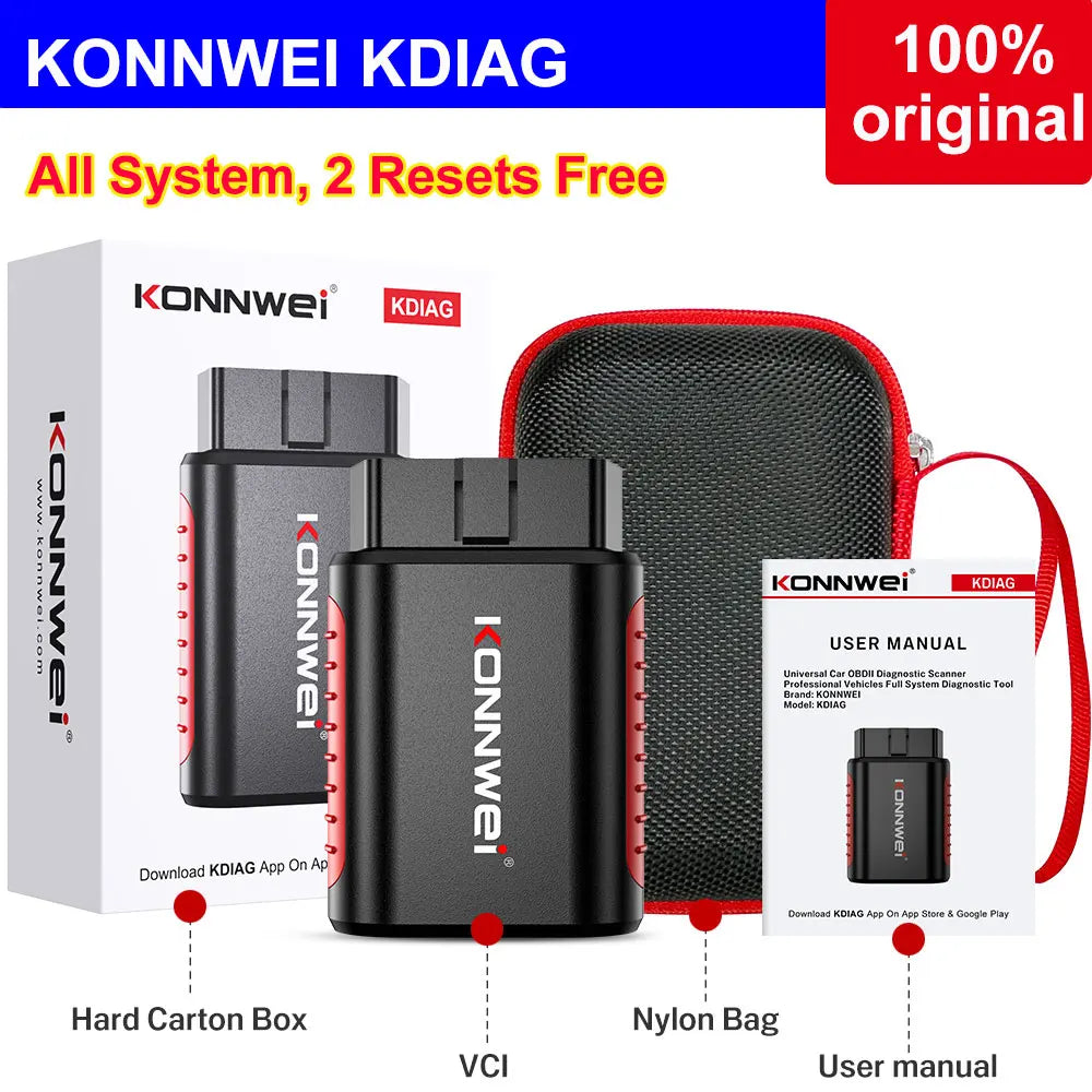 KONNWEI KDIAG Bluetooth full system car diagnostic tool with oil reset and battery match functions in a compact black design, packaged with nylon bag and user manual.