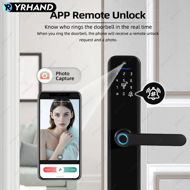 Tuya Wifi Smart Door Lock Electronic Digital Lock with Biometric Fingerprint Camera Smart Card Password Key Unlock Feature