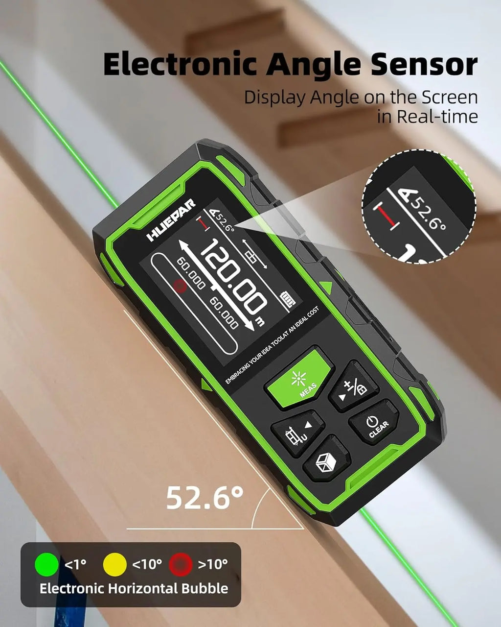 Huepar Dual Laser Measuring Tool - 393Ft Green-Beam Bilateral Digital Laser Distance Measure with Backlit LCD Display