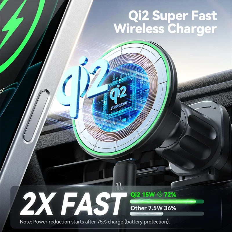 Joyroom Qi2 Magnetic Car Phone Holder with Qi2 Super Fast Wireless Charger for quick mobile charging in car.