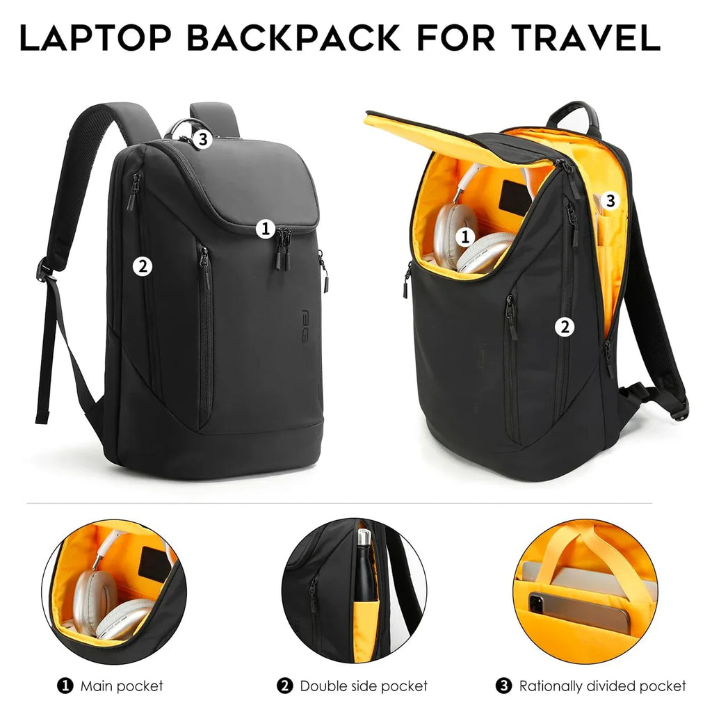 BANGE Mens Laptop Backpack, black travel backpack for laptops with organized pockets and soft design.