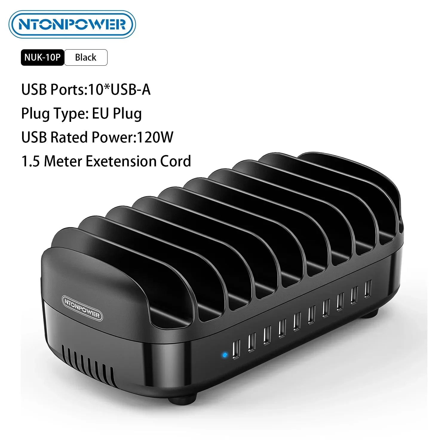 120W fast charging station with 10 USB-A ports, EU plug, and cooling fan in black design for organizing multiple devices