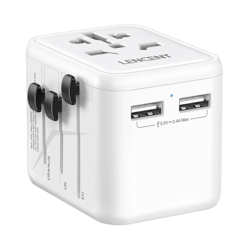 LENCENT compact travel adapter with 2 USB ports and universal EU/UK/USA/AUS plugs for international charging