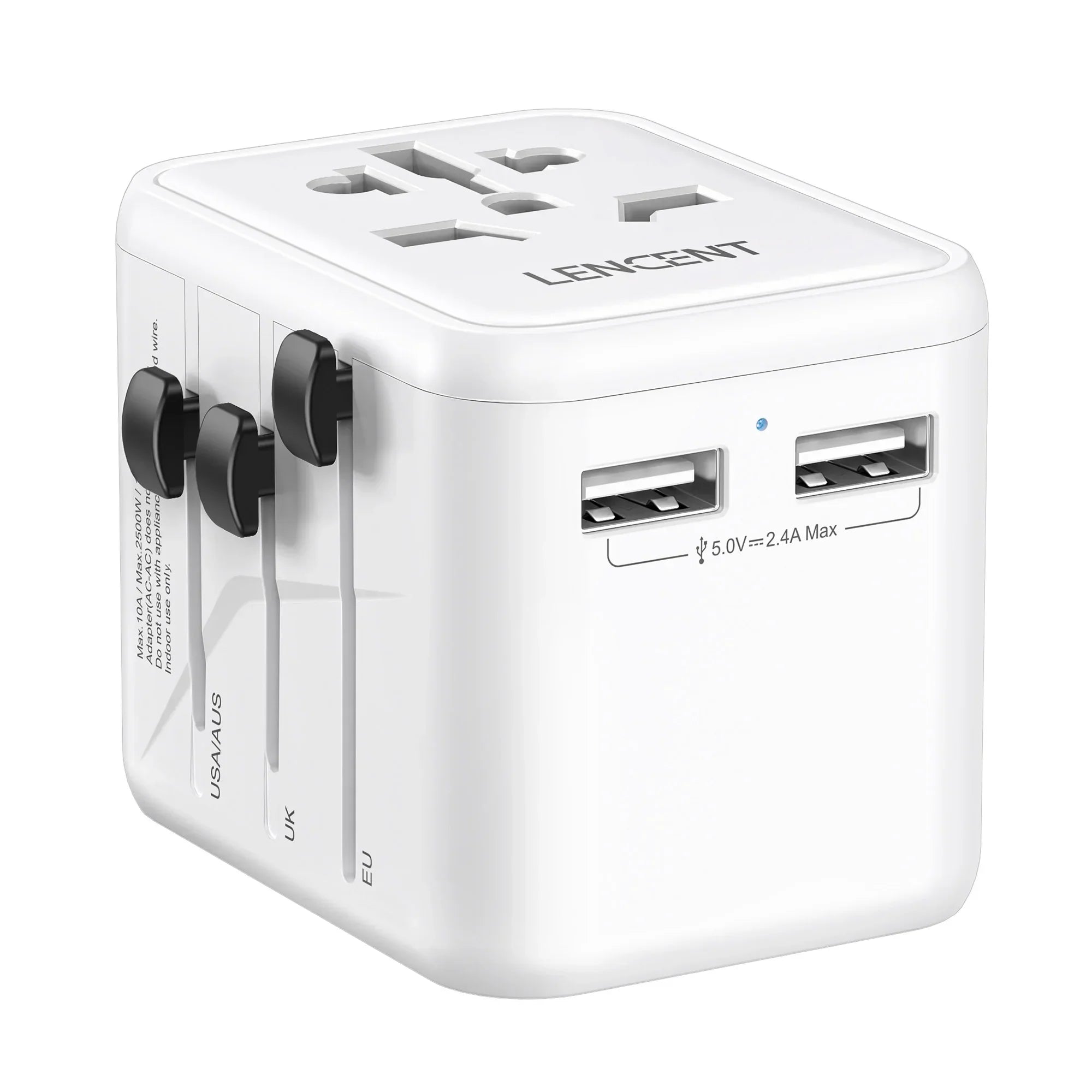 LENCENT compact travel adapter with 2 USB ports and universal EU/UK/USA/AUS plugs for international charging