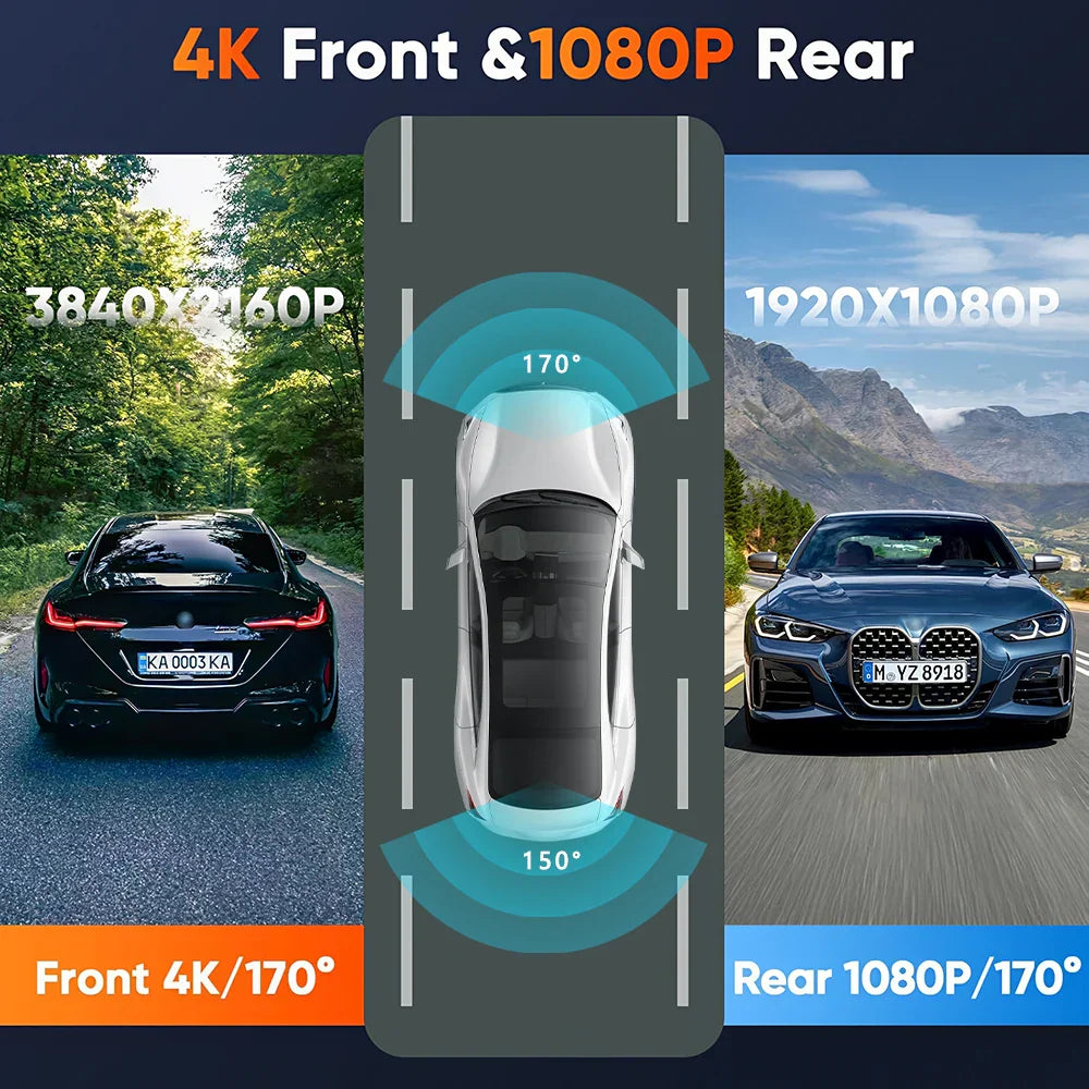 3 Channel Dash Cam with 4K front and 1080P rear resolution, 170-degree wide view, WiFi and app control, 24H parking monitor, and WDR night vision for cars.