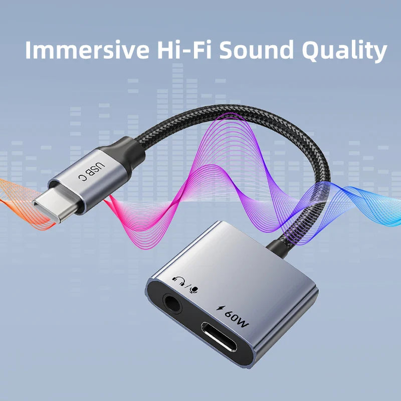 CABLETIME USB C to 3.5mm Audio hub Adapter USB C Headphone Charger 2-in-1 PD 60W Fast Charger Adapter Hi-Fi for IPhone Xiaomi