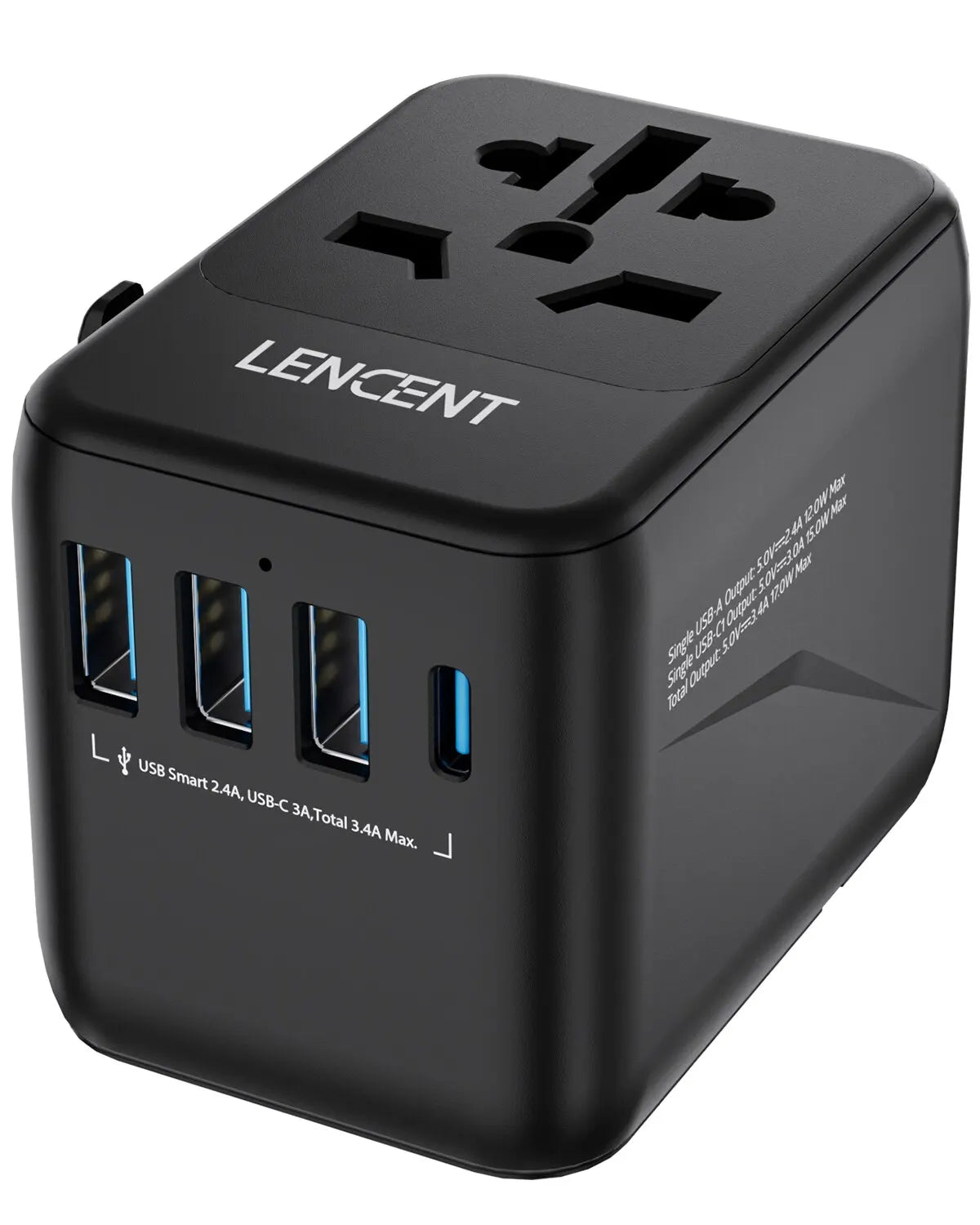 LENCENT universal travel adapter with 3 USB ports and Type-C PD for EU UK USA AUS plug compatibility
