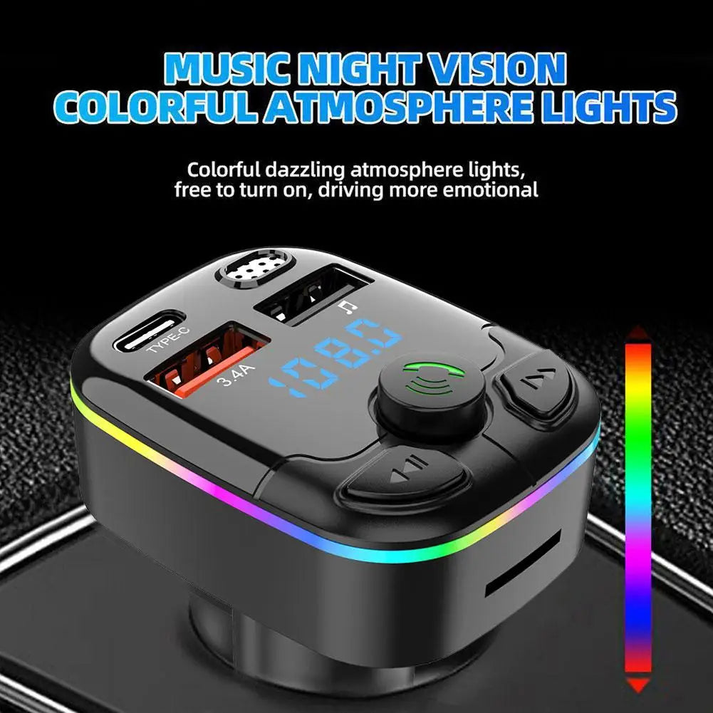 Bluetooth 5.0 Car FM Transmitter with USB & Type-C Charger features colorful LED lights for night driving and enhanced in-car ambiance.